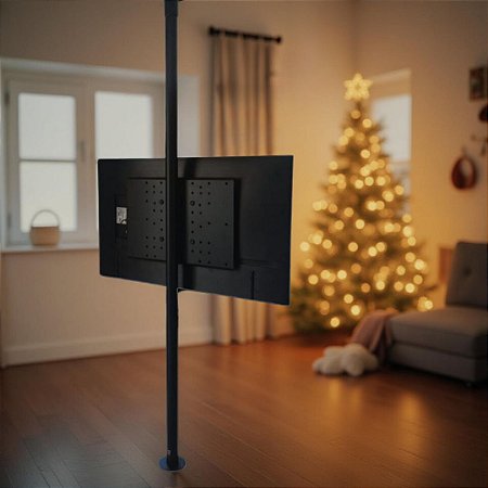 Suporte Giratório TV - Tubo Alumínio Preto - Fixação Piso e Teto - Sob Medida - Chapa Padrão - Para TV’s de 32” a 75”
