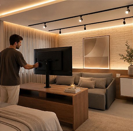 Suporte Giratório TV _ Fixação Móveis _ Modelo com Pino - Regulagem Altura de 56cm a 68cm - Cor Preto - Para TV's de 32" a 55"
