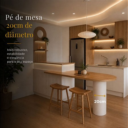 Pé de Mesa - Branco - Vários Tamanhos - Diam. 20cm - Aço Carbono - Tampo Madeira - Sob Encomenda
