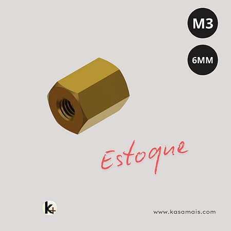 ESTOQUE - Espaçador Sextavado Latão 1/4 X 6mm Rosca M3 Fêmea / Fêmea