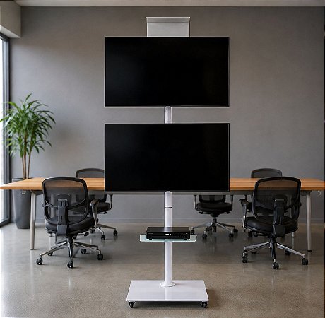 Suporte Pedestal para 2 TVs – Branco – Com Prateleira e Regulagem de Altura - Sob Encomenda