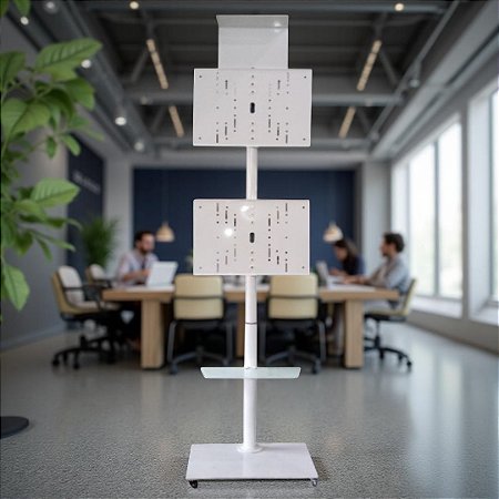 Suporte Pedestal para 2 TVs – Branco – Com Prateleira e Regulagem de Altura - Sob Encomenda