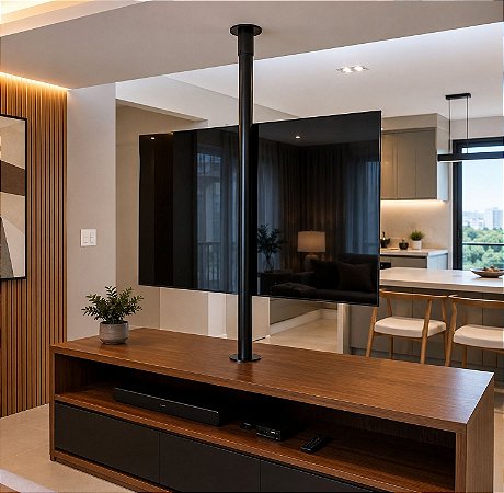 Suporte Giratório TV _ Fixação Móvel e Teto - Tubo Preto - Chapa TV Vidro Preto - Sob Medida - Para TV’s de 32” a 75”
