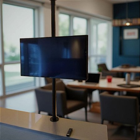 Suporte Giratório TV _ Fixação Móvel e Teto - Tubo Preto - Chapa TV Vidro Preto - Sob Medida - Para TV’s de 32” a 75”