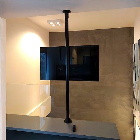 Suporte Giratório TV _ Fixação Móvel e Teto - Tubo Preto - Chapa TV Vidro Preto - Sob Medida - Para TV’s de 32” a 75”