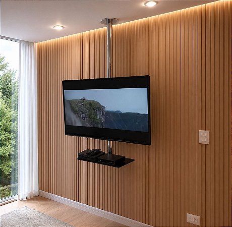 Suporte Giratório TV _ Fixação Teto _ Inox Polido _ Com Prateleira _ Altura Sob Medida _ Chapa Fixação TV Aço Preto _ Para TV’s de 32” a 55”