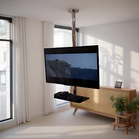 Suporte Giratório TV _ Fixação Teto _ Inox Polido _ Com Prateleira _ Altura Sob Medida _ Chapa Fixação TV Aço Preto _ Para TV’s de 32” a 55”
