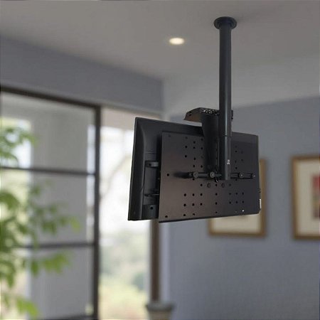 Suporte Giratório TV _ Fixação Teto _ Preto _ Com regulagem de Altura _ Prateleira de Aço Preta _ Aço Inox _ Para TV’s de 32” a 55”