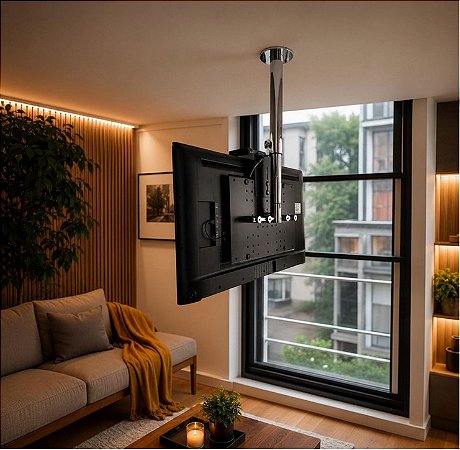 Suporte Giratório TV _ Fixação Teto _ Com regulagem de Altura - Prateleira - Aço Inox Polido ou Escovado - Para TV’s de 32” a 55”