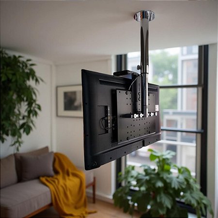 Suporte Giratório TV _ Fixação Teto _ Com regulagem de Altura - Prateleira de Aço Preta - Aço Inox Brilhante ou Escovado - Para TV’s de 32” a 55”