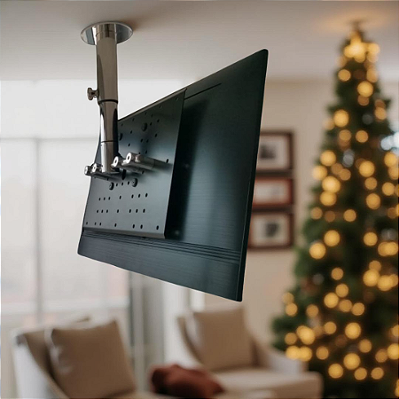 Suporte Giratório TV _ Fixação Teto _ Com regulagem de Altura - Aço Inox Brilhante ou Escovado - Para TV’s de 32” a 55”