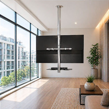 Suporte Giratório TV _ Fixação Teto _ Com regulagem de Altura e Prateleira _ Aço Inox Brilhante ou Escovado - Para TV’s de 32” a 55”