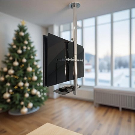 Suporte Giratório TV _ Fixação Teto _ Com regulagem de Altura e Prateleira _ Aço Inox Brilhante ou Escovado - Para TV’s de 32” a 55”