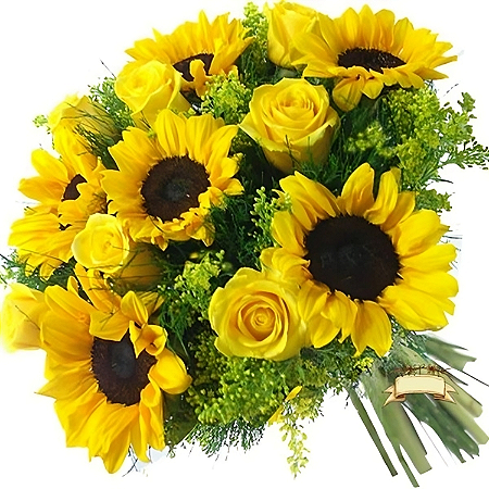 027 - Buquê de 8 rosas e 8 girassóis