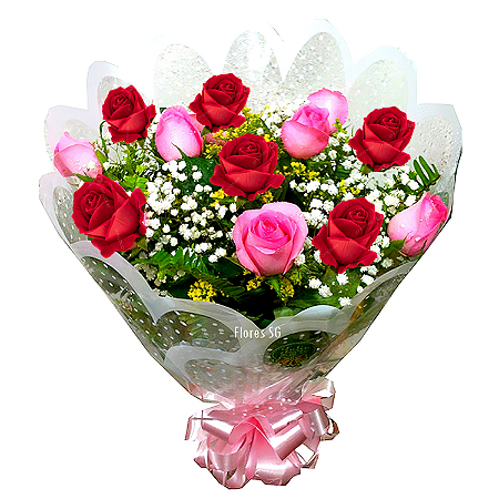 063 - Buquê de rosas vermelhas e rosadas