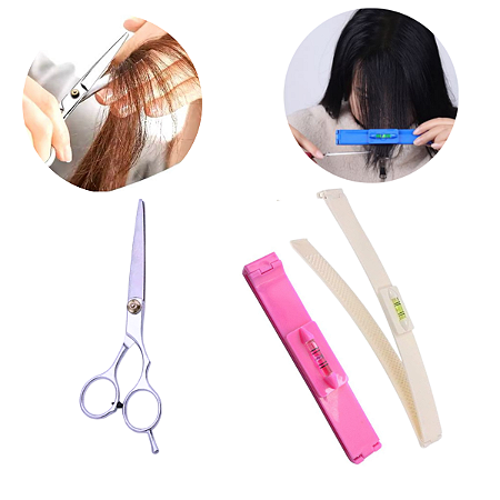 Regua Creaclip Cortar Cabelo Franja + Tesoura Fio Navalha