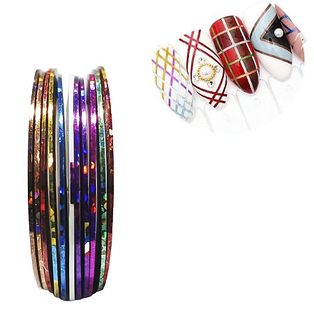 10 Fitas Fitilhos Adesiva Decoração Unha Nail Art Metalizado