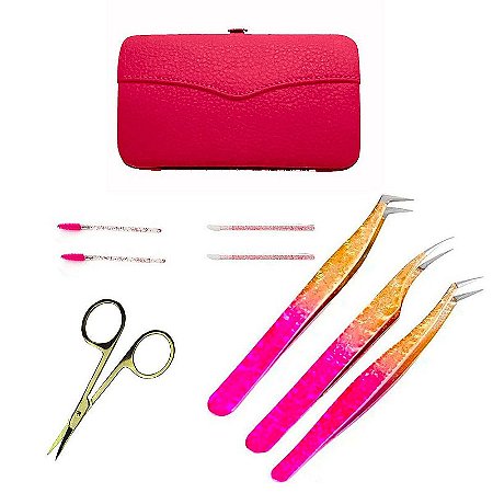 Kit Estojo Com 3 Pinças Extensão Cílios Tesourinha Escovinha
