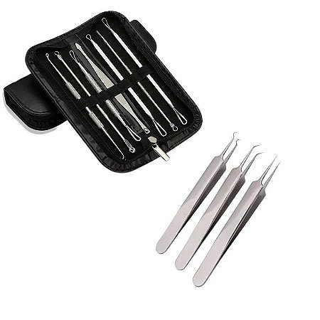 Kit 7 Curetas Remoção Extração Cravos Espinhas + 3 Pinças