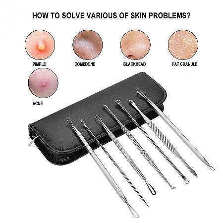 Kit Com 7 Curetas Remoção E Extração De Cravos E Espinhas Pr