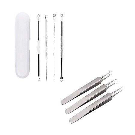 4 Curetas Remove Cravos Espinhas Aço Inoxidável + 3 Pinças