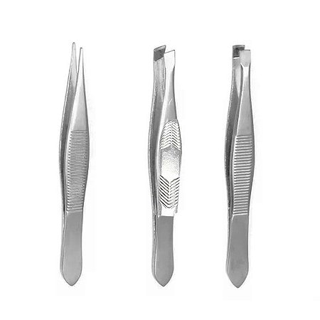 3 Pinças Sobrancelha Pontas Fina Reta Diagonal  Design Micro