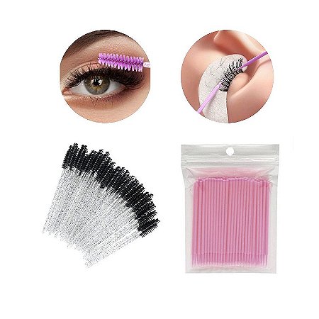 Kit Extensão Cílios 100 Escovinhas + 100 Cotonete Microbrush