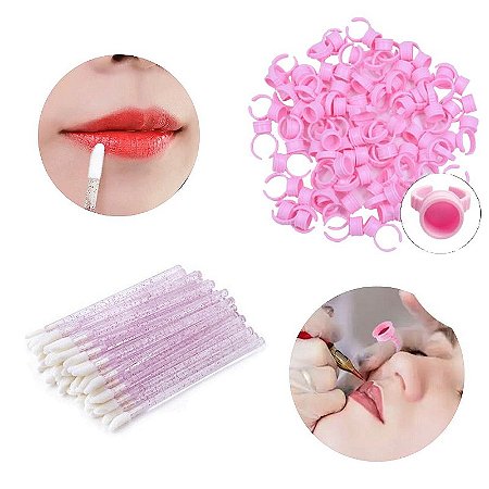 Kit Extensão Micro 50 Aplicador Batom + 50 Anel Batoque Cola