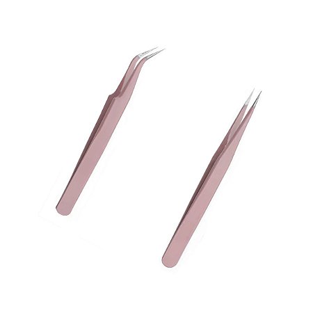 Kit 2 Pinças Aço Inoxidável Rosa Alongamento Cílios