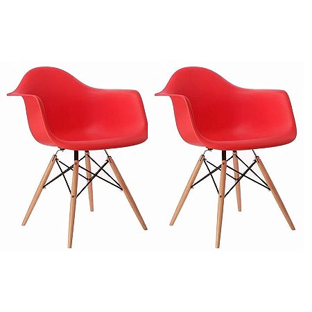Kit 2 Cadeiras Charles Eames Wood Vermelha Com Braço