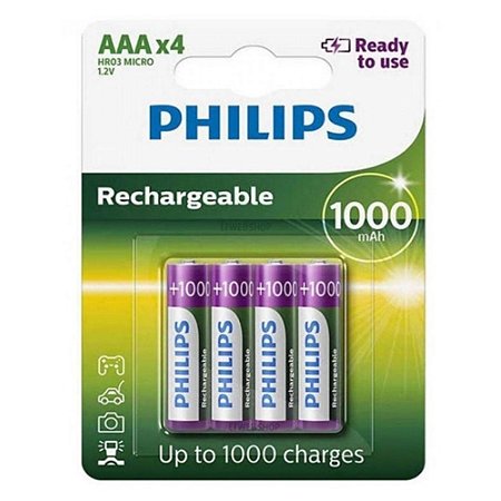 Pilha AA Recarregável com 4Un. 1000 mAh Philips Novo