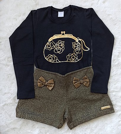 Conjunto Blusa Manga Longa e Short Festa Infantil Menina