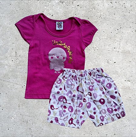 Conjunto Blusa Malha e Short Tricoline Estampa Passarinhos Bebê Feminino