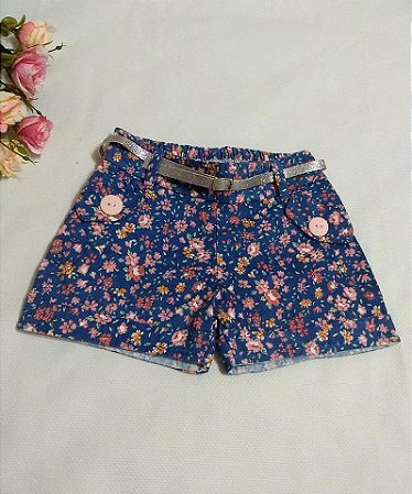 Short veludo Cotelê Floral com Cintinho Prata - Infantil Menina