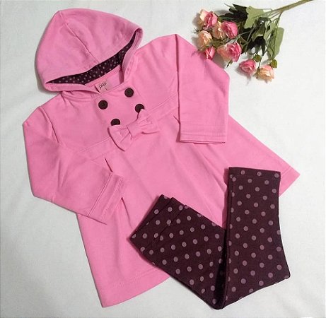 Conjunto Moletom com Capuz Rosa e Legging de Poá - Infantil Menina