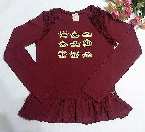 Batinha Manga Longa com Babado e Tule - Bordô - Infantil Menina