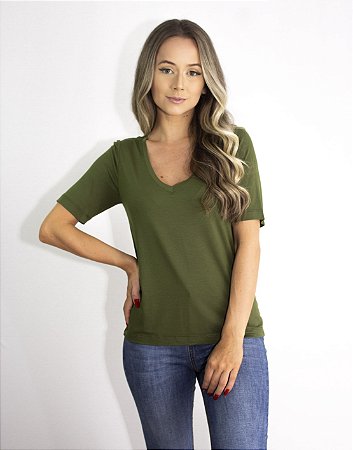 T-Shirt Modal Decote V Dente de Leão Verde Avocado