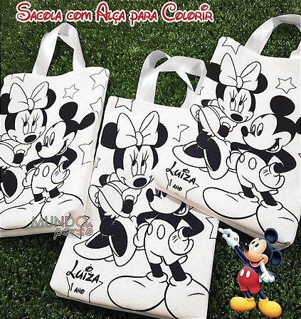 5 Sacolas com Alça 18cm x 25cm Mickey e Minnie para Colorir