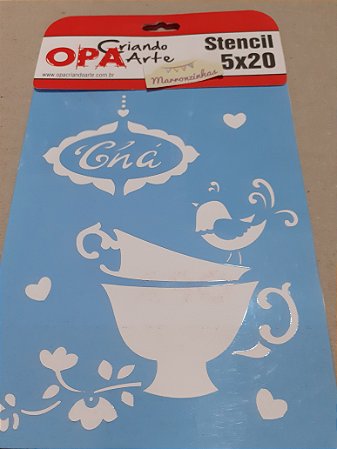 1389- Stencil Opa 15x20 Xicara e passarinho