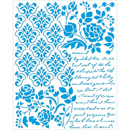 STR-251- Stencil Retangular - Coleção Memórias Vintage - Arabesco, Texto e Flores