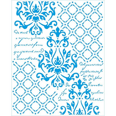 STR-252- Stencil Retangular -Coleção Memórias Vintage - Arabescos e Textos