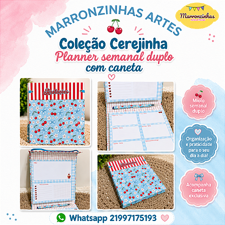 Planner duplo com caneta Coleção Cerejinha