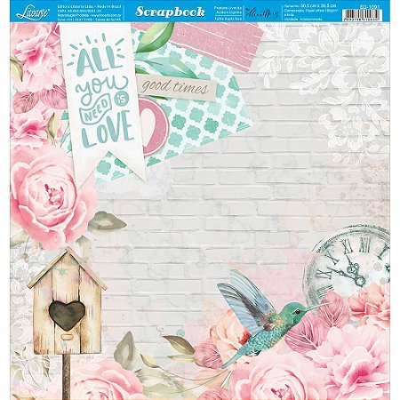 SD-1091 - SCRAP DUPLA FACE - LOVE, BEIJA-FLOR, CASINHA, TIJOLOS