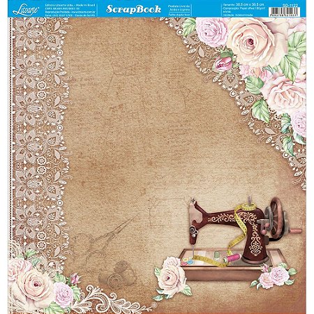 SD-1122 - SCRAP DUPLA FACE - COSTURA, MAQUINA, FLORES, ROSAS, RENDAS