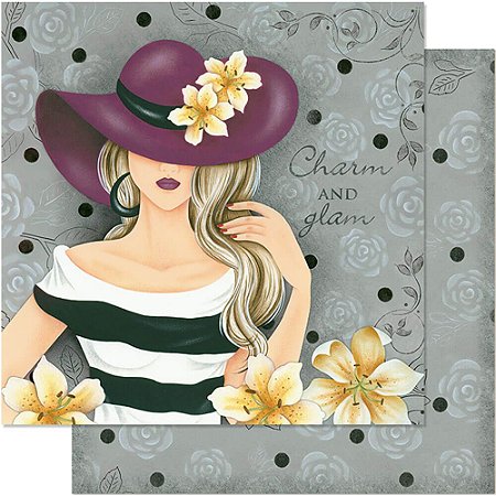 SD-0628 - SCRAP DUPLA FACE - DAMA C/CHAPÉU ROXO FUNDO CINZA