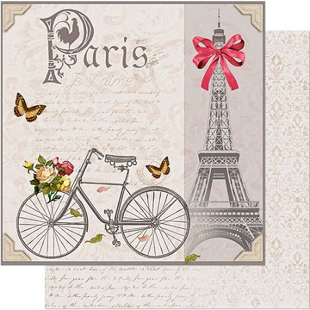 SD-0655 - SCRAP DUPLA FACE - TORRE EIFEL,BICICLETA E FLORES
