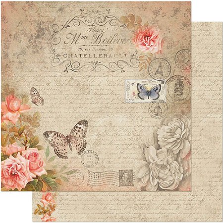 SD-0719 - SCRAP DUPLA FACE - VINTAGE DE ROSAS SALMÃO C/BORBOLETAS...