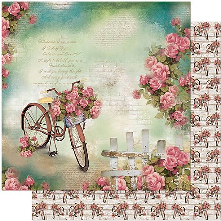 SD-0854 - SCRAP DUPLA FACE - BICICLETAS E ROSAS FUNDO VERDE