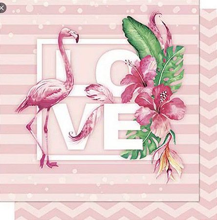 SD-0711- SCRAP DUPLA FACE - Flamingo Love Tropical Chevron Rosa