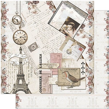SD-0916 - SCRAP DUPLA FACE - CARTAS,SELOS,RELÓGIO,TORRE EIFFEL